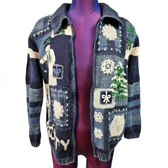 Tiara International Christmas Front Zip Sweater Snowman Patchwork Size Small - Picture 9 of 10